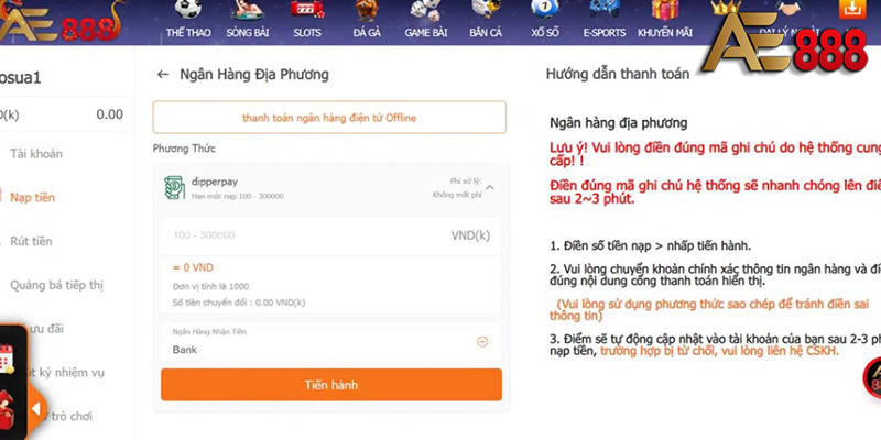 Chính sách thanh toán tại sòng bài AE888